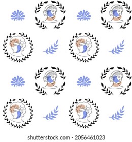 Hand drawn seamless pattern with ancient Greece elements, wreath, sculpture drawingisolated on white background. Vector outline illustration. Design for textile, wrapping, wallpaper, fabric