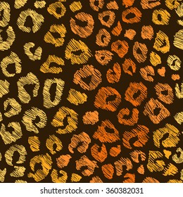 Hand drawn seamless pattern of animal skin. Yellow and brown leopard background.