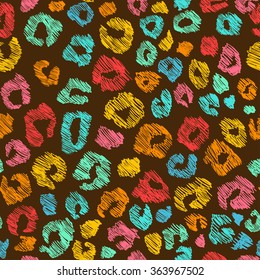 Hand drawn seamless pattern of animal skin. Colorful leopard background.