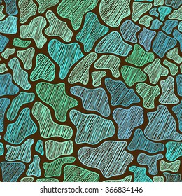 Hand drawn seamless pattern of animal skin. Blue and green giraffe background.