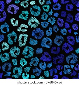 Hand drawn seamless pattern of animal skin. Blue and black leopard background.