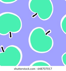 Hand drawn seamless pattern with apples in black, green and cream on violet background.