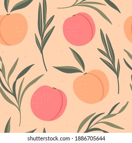 Hand drawn seamless pattern with apricots and leaves for wallpaper, textile, fabric. Abstract fruits background.