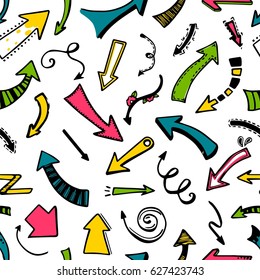 Hand drawn seamless pattern of arrow for abstract and art background or banner. Cartoon style arrow with decorative elements. Creative ink sketch of arrow pattern. Vector illustration