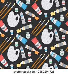 Hand drawn seamless pattern with art supplies including palettes, brushes and paint tubes on dark background. Concept of creativity, artistic hobby and colorful design tools