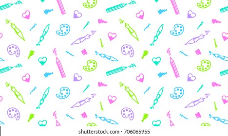 Hand drawn seamless pattern of art elements. Pen, pencil, brush, paint palette, heart and strokes.