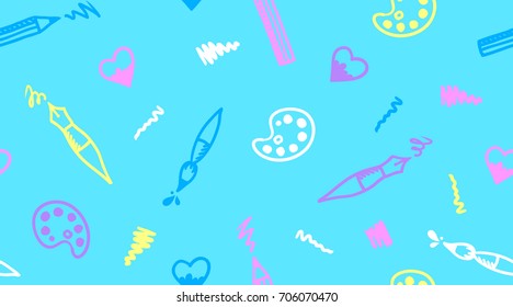 Hand drawn seamless pattern of art elements. Pen, pencil, brush, paint palette, heart and strokes.