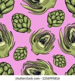 Hand drawn seamless pattern of artichokes on a light purple background. Whole and sliced vegetables. Trendy healthy food style. Graphic print can de used in design of packaging, menu, kitchen interior