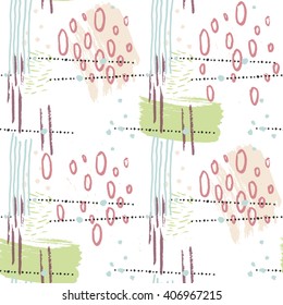 Hand drawn seamless pattern. Artistic trendy background: dots, circles, brush strokes and watercolor spots.