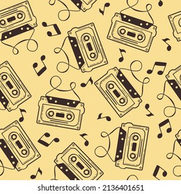 Hand drawn seamless pattern with audio cassettes in doodle style.