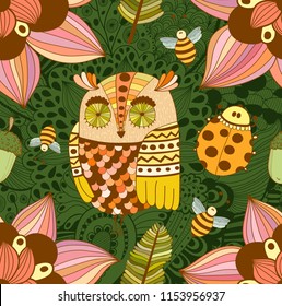 Hand drawn seamless pattern with autumn forest elements on a green printed abstract background. Contains owl, flowers, acorns, leaves, ladybugs. Can be used in design of clothes, fabrics, covers etc.