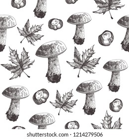 Hand drawn seamless pattern with autumn elements. Vector illustration of bolete mushroom, maple leaf and chestnut.