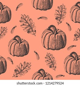 Hand drawn seamless pattern with autumn elements. Vector illustration of pumpkin, oak leaf and maple seed.