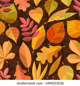 Hand drawn seamless pattern with autumn leaves. Hand drawn colorful fall illustrations for packaging, gift wrap, wallpapers, fabric,  scrapbooking paper and any type of printed products.