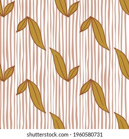 Hand drawn seamless pattern with autumn style falling leaves brown elements. Striped background. Decorative backdrop for fabric design, textile print, wrapping, cover. Vector illustration.
