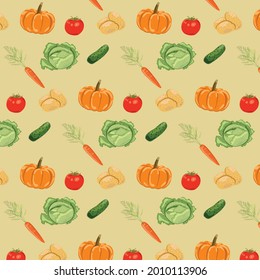 hand drawn seamless pattern autumn harvest vegetables for postcard, poster, kitchen wallpaper print or fabric print
