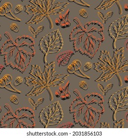 Hand drawn seamless pattern with autumn leaves isolated on grey background. Line art doodle collection. Vector illustration.