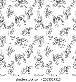 Hand drawn seamless pattern with  autumn oak leaves and acorns. Simple art vector illustration for packaging, wallpaper, wrapingpaper, fashion desine. Doodle style.