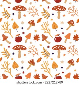 Patrón sin costuras dibujado a mano con hojas y hongos de otoño. Ornamento de otoño brillante