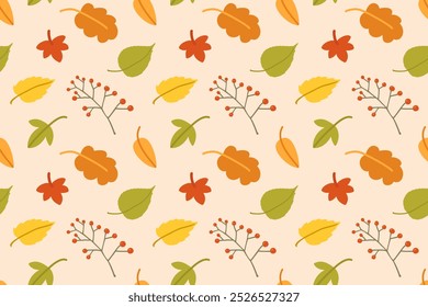 Hand drawn seamless pattern with autumn leaves and berries on light background. Seasonal vector illustration for textiles, prints, banners, cards, wallpapers