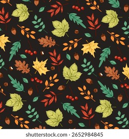 Padrão sem costura desenhado à mão com folhas de outono. Ornamento de queda com folhagem colorida, bolota e ramo de baga. Bordo, folhas de carvalho e castanheiro, galhos verdes sobre fundo escuro. Ilustração de vetor plano.