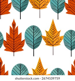 Hand drawn seamless pattern with autumn leaves in bauhaus style, design elements.Autumn pattern for invitations, cards, print, gift wrap, manufacturing, textile, fabric, wallpapers