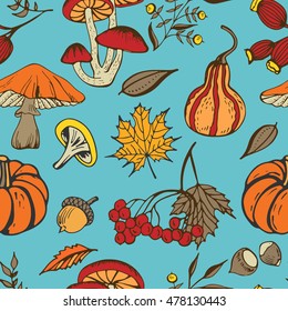 Hand drawn seamless pattern with autumn leaves, mushrooms, pumpkin, berries.  Forest design elements for greeting card and print. Natural collection in doodle style.