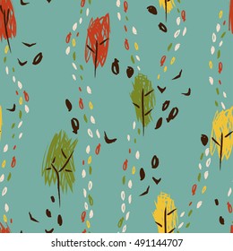 Hand drawn seamless pattern with autumn forest,artistic vector illustration