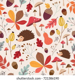 Hand drawn seamless pattern with autumnal elements