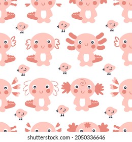 Hand drawn seamless pattern with axolotls and small birds. Perfect for T-shirt, textile and prints. Cartoon style vector illustration for decor and design.

