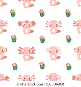 Hand drawn seamless pattern with axolotls and cactuses. Perfect for T-shirt, textile and prints. Cartoon style vector illustration for decor and design.

