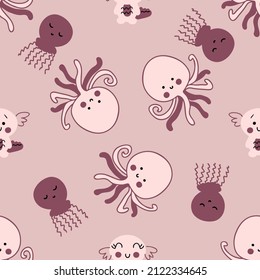 Hand drawn seamless pattern with axolotls, octopus and jellyfish. Perfect for T-shirt, textile and print. Doodle vector illustration for decor and design.
