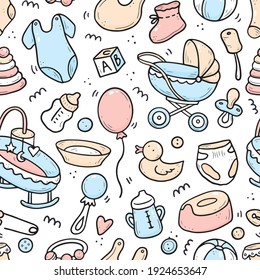 Hand Drawn Seamless Pattern Of Baby Shower Elements, Toy, Ball, Milk Bottle, Sock. Doodle Sketch Style. Baby Element Drawn By Digital Pen. Vector Illustration For Wallpaper, Background, Textile Design