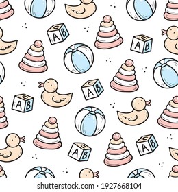 Hand drawn seamless pattern of baby toy elements, ball, pyramid, duck. Doodle sketch style. Baby element drawn by digital pen. Vector illustration for wallpaper, background, textile design