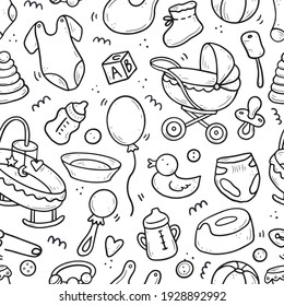 Hand Drawn Seamless Pattern Of Baby Shower Elements, Toy, Ball, Milk Bottle, Sock. Doodle Sketch Style. Baby Element Drawn By Digital Pen. Vector Illustration For Wallpaper, Background, Textile Design