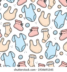 Hand drawn seamless pattern of baby clothes elements, sock, bodysuit, button. Doodle sketch style. Baby element drawn by digital pen. Vector illustration for wallpaper, background, textile design