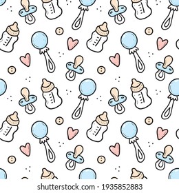 Hand drawn seamless pattern of baby shower elements, buttonl, milk bottle, nipple. Doodle sketch style. Baby element drawn by digital pen. Vector illustration for wallpaper, background, textile design