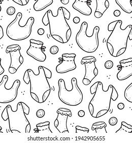 Hand drawn seamless pattern of baby clothes elements, sock, bodysuit, button. Doodle sketch style. Baby element drawn by digital pen. Vector illustration for wallpaper, background, textile design