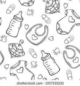 Hand drawn seamless pattern with baby bodysuit, milk bottle, peg-top, safety pin, baby bib in doodle sketch style. Baby element pattern. Vector illustration for wallpaper, background, textile design.