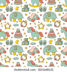 Hand drawn seamless pattern with baby colorful toys and accessories
