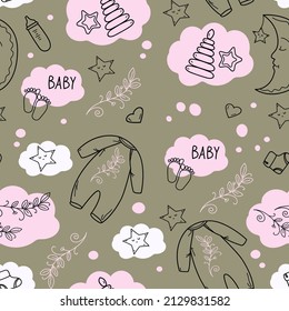 Hand drawn seamless pattern of baby shower elements, branch, milk bottle, toy, stars, month, clouds. Doodle sketch style. Baby element vector illustration for wallpaper, background, textile design