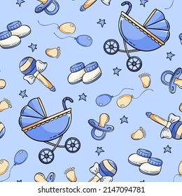Patrón sin fisuras dibujado a mano con carro de bebé, rattle, baby bootie, pacificador de bebé al estilo de boceto de doodle. Patrón de elementos del bebé. Ilustración vectorial para fondo, diseño textil.