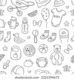 Hand drawn seamless pattern of baby shower elements, toy, ball, milk bottle, sock. Doodle sketch style. Baby element drawn by digital pen. Vector illustration for wallpaper, background, textile design