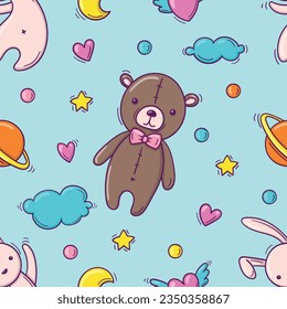 Hand drawn seamless pattern with baby colorful toys as teddy bear and flying rabbit on light blue background