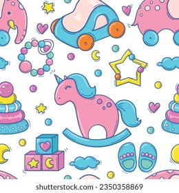 Hand drawn seamless pattern with baby colorful toys and accessories in doodle style on white background