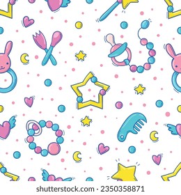 Hand drawn seamless pattern with baby colorful toys and accessories in doodle style on white background