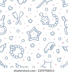 Hand drawn seamless pattern with baby toys and accessories in sketch style on a white background