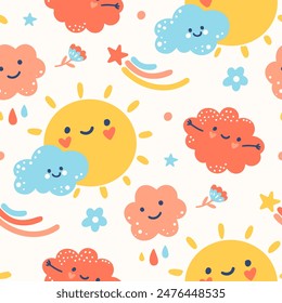 Hand drawn seamless pattern. Baby vector illustration. Cute repeated print with happy doodle sun, funny clouds, cool stars. Light peaceful sky and kind characters.