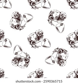 Hand drawn seamless pattern with baby chicks and cracked eggs