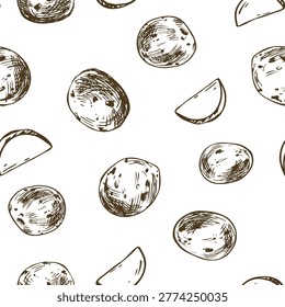 Hand drawn seamless pattern with baby potato sketches. Graphic ink illustration of vegetables for kitchen, restaurant menu, grocery shop packaging, farm market design and culinary background.